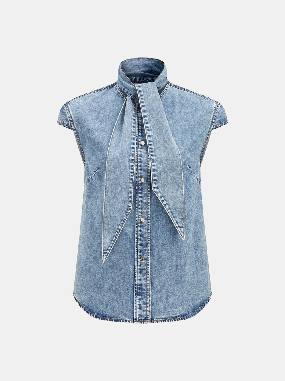 Commense Tie Neck Sleeveless Denim Shirt - Picture 2 of 11